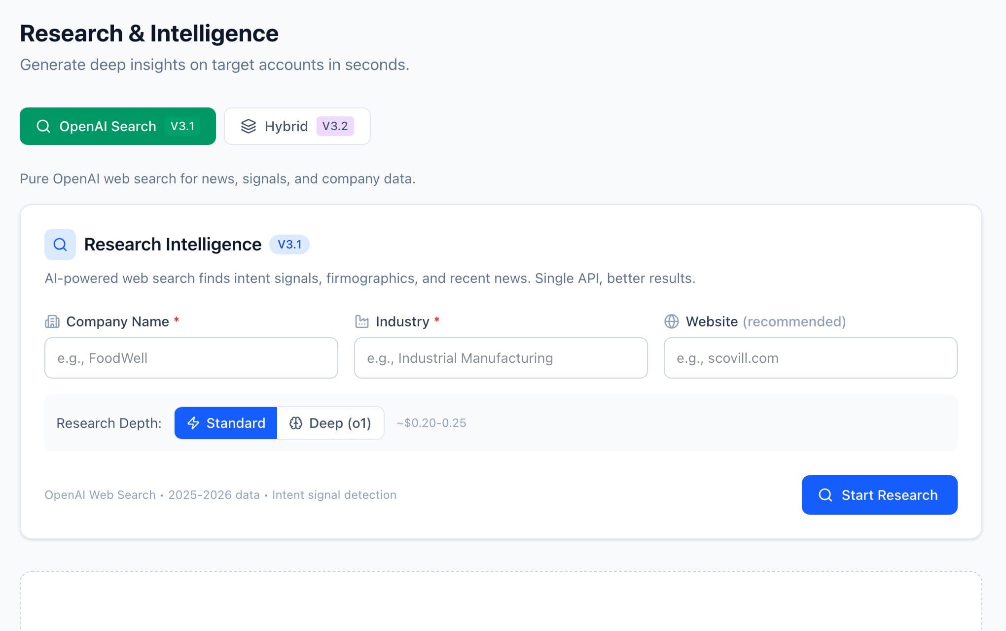 Company research screen with company, industry and website inputs